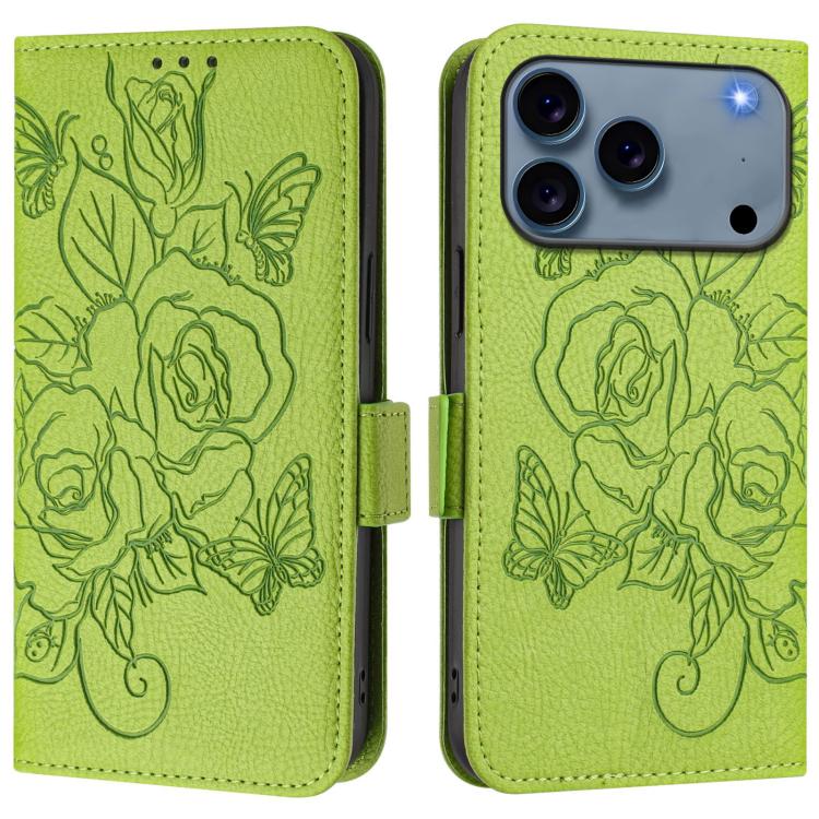 Embossed Rose RFID Anti-theft Leather Phone Case, For iPhone 17 Pro Max, For iPhone 17 Pro, For iPhone 17, For iPhone Air For iPhone 17 Pro Max Green