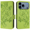 Embossed Rose RFID Anti-theft Leather Phone Case, For iPhone 17 Pro Max, For iPhone 17 Pro, For iPhone 17, For iPhone Air For iPhone 17 Pro Max Green