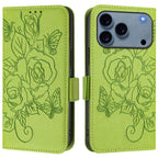 Embossed Rose RFID Anti-theft Leather Phone Case, For iPhone 17 Pro Max, For iPhone 17 Pro, For iPhone 17, For iPhone Air For iPhone 17 Pro Max Green