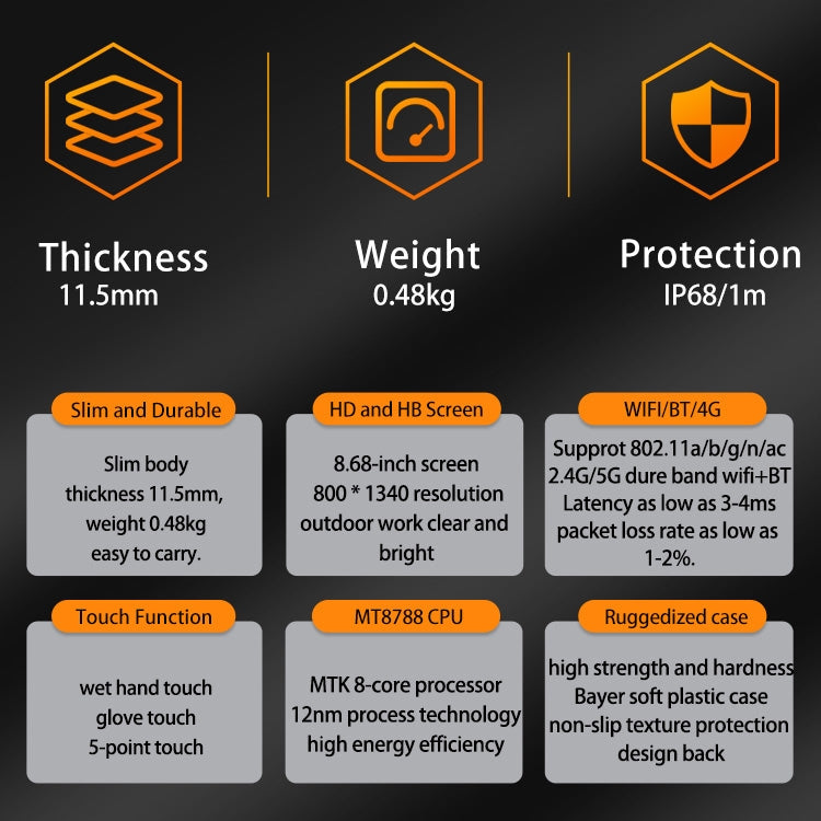 CENAVA A868T IP68 Rugged Tablet PC, 8.68 inch Android 13 MT8788 Octa Core, 4G Network, 8GB+128GB