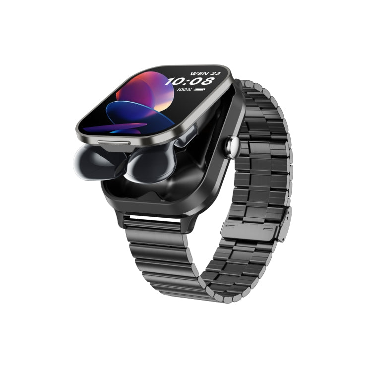 D8 Pro 2.01 inch 2 in 1 Bluetooth Earphone Steel Strap Smart Watch, Support NFC with Cover Black
