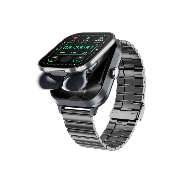 D8 Pro 2.01 inch 2 in 1 Bluetooth Earphone Steel Strap Smart Watch, Support NFC with Cover Space Grey