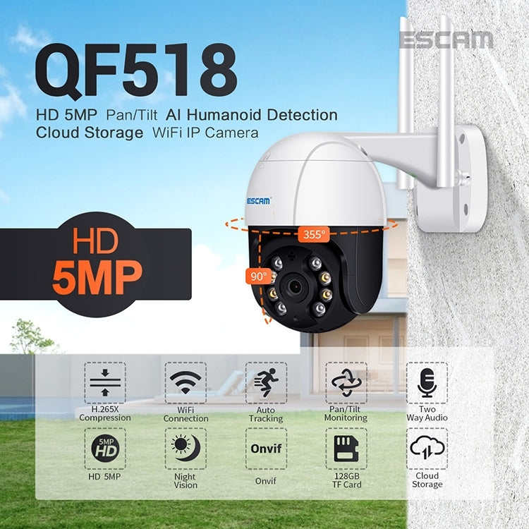 ESCAM QF518 5MP Smart WiFi IP Camera, Support AI Humanoid Detection / Auto Tracking / Dual Light Night Vision / Cloud Storage / Two Way Audio / TF Card, EU Plug, US Plug, UK Plug, AU Plug – Waterproof