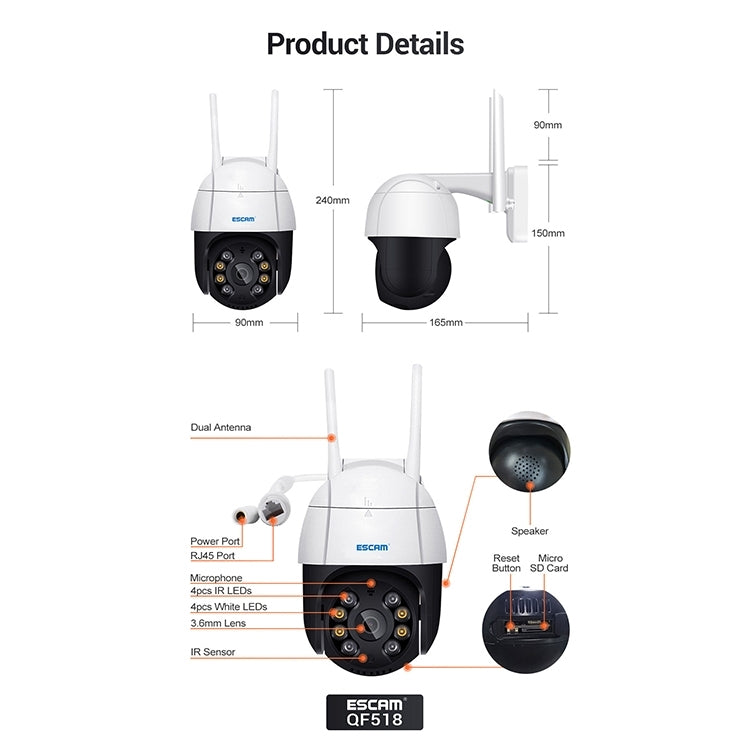 ESCAM QF518 5MP Smart WiFi IP Camera, Support AI Humanoid Detection / Auto Tracking / Dual Light Night Vision / Cloud Storage / Two Way Audio / TF Card, EU Plug, US Plug, UK Plug, AU Plug – Waterproof