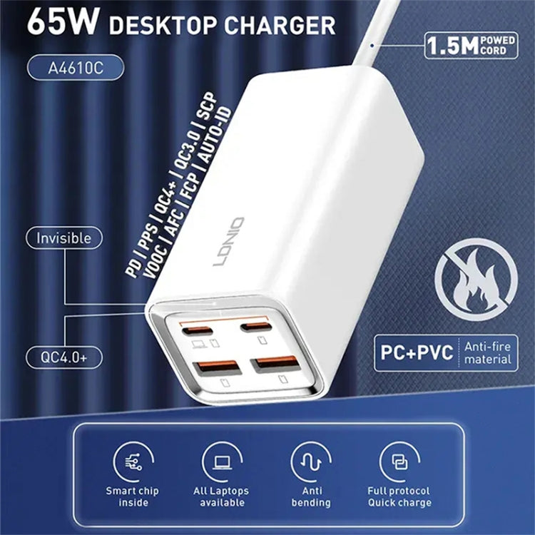 LDNIO A4610C PD65W Dual USB-C / Type-C + Dual USB Fast Charger, Cable Length: 1.5m, EU Plug·, A4610C (UK Plug), US Plug – TPU