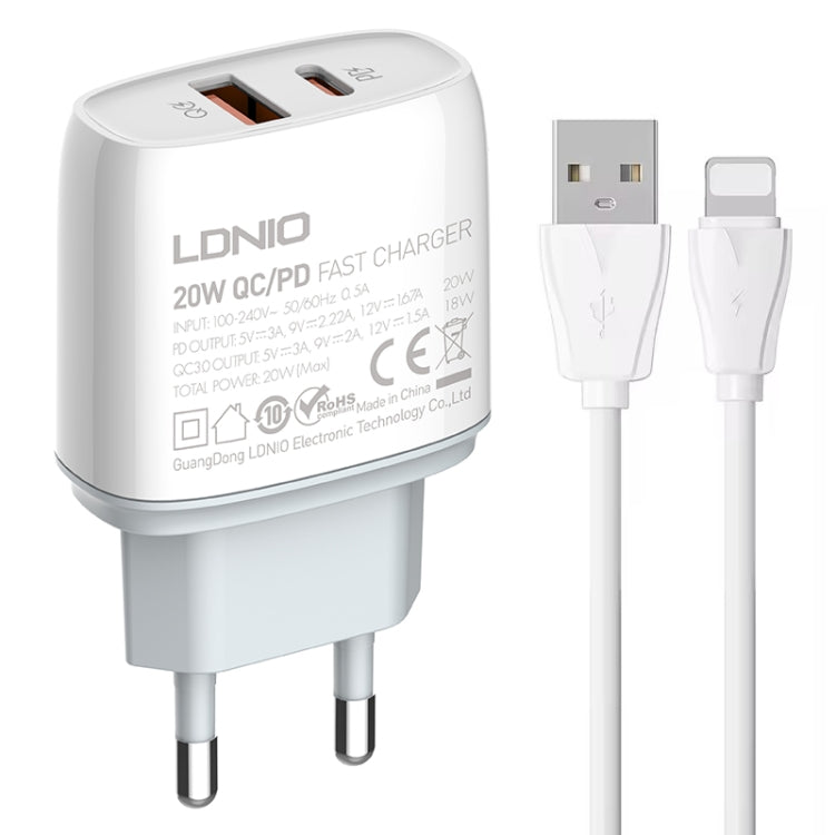 LDNIO Q229 QC3.0 / PD20W USB + Type-C Fast Charger with 1m USB to 8 Pin Cable, EU Plug, UK Plug, US Plug EU Plug