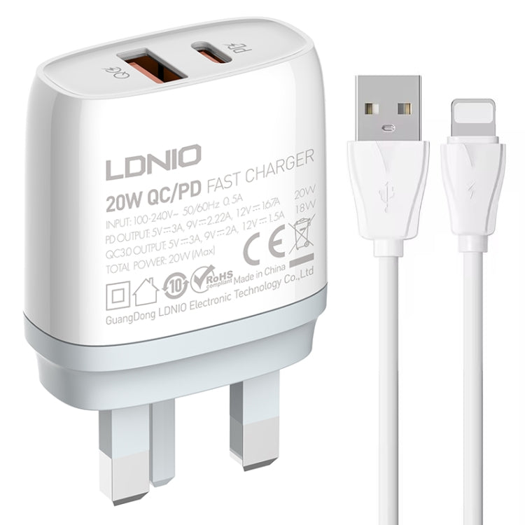 LDNIO Q229 QC3.0 / PD20W USB + Type-C Fast Charger with 1m USB to 8 Pin Cable, EU Plug, UK Plug, US Plug – TPU UK Plug
