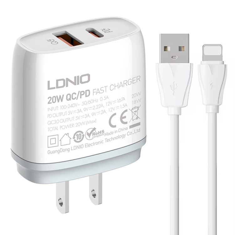 LDNIO Q229 QC3.0 / PD20W USB + Type-C Fast Charger with 1m USB to 8 Pin Cable, EU Plug, UK Plug, US Plug – TPU US Plug