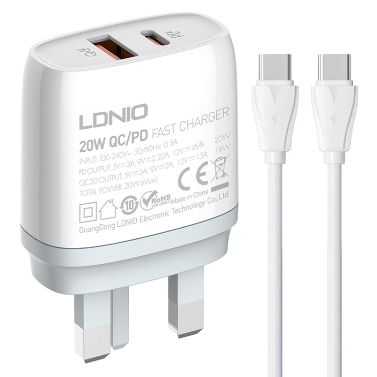 LDNIO Q229 QC3.0 / PD20W USB + Type-C Fast Charger with 1m Type-C to Type-C Cable, EU Plug, UK Plug, US Plug – TPU UK Plug