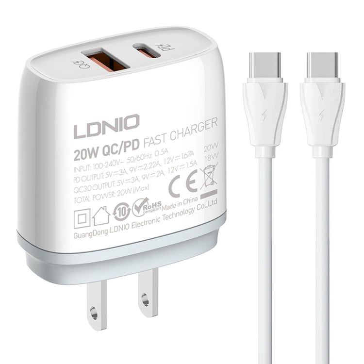 LDNIO Q229 QC3.0 / PD20W USB + Type-C Fast Charger with 1m Type-C to Type-C Cable, EU Plug, UK Plug, US Plug – TPU US Plug