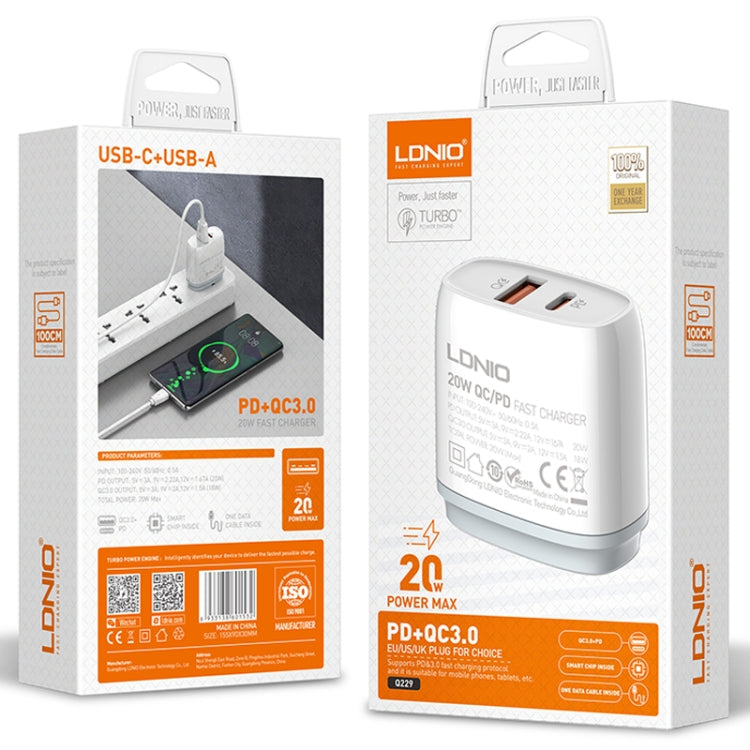 LDNIO Q229 QC3.0 / PD20W USB + Type-C Fast Charger with 1m Type-C to Type-C Cable, EU Plug, UK Plug, US Plug – TPU
