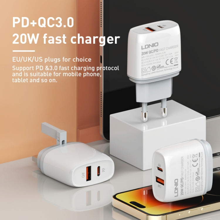 LDNIO Q229 QC3.0 / PD20W USB + Type-C Fast Charger with 1m Type-C to Type-C Cable, EU Plug, UK Plug, US Plug – TPU