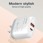 LDNIO Q229 QC3.0 / PD20W USB + Type-C Fast Charger with 1m Type-C to Type-C Cable, EU Plug, UK Plug, US Plug – TPU