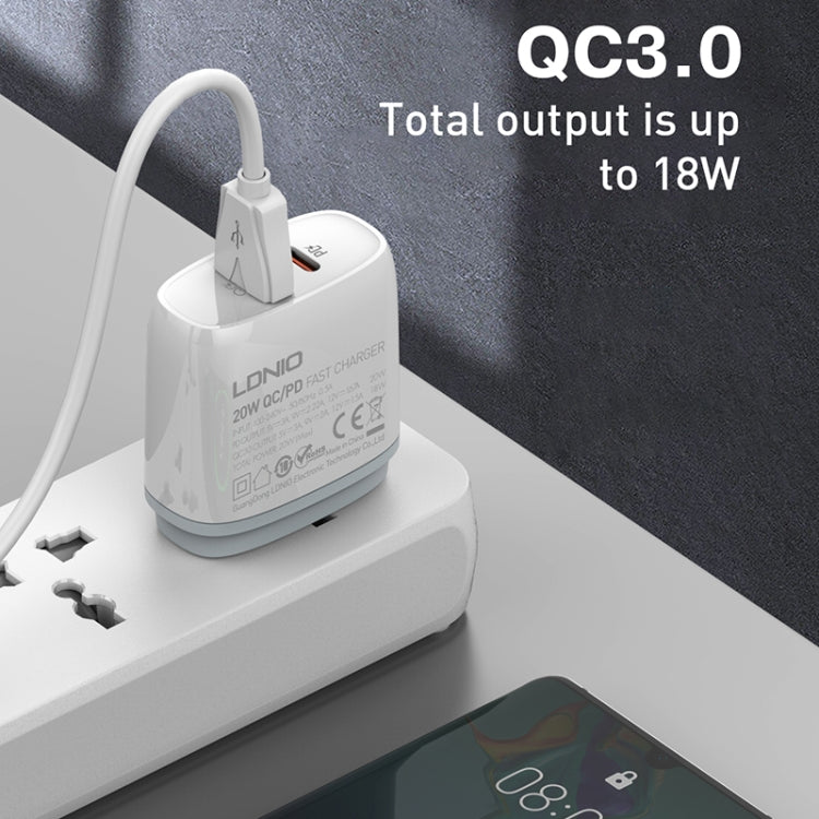 LDNIO Q229 QC3.0 / PD20W USB + Type-C Fast Charger with 1m Type-C to Type-C Cable, EU Plug, UK Plug, US Plug – TPU