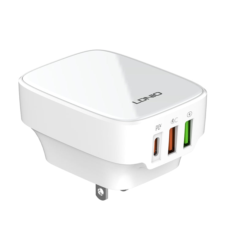 LDNIO Q334 32W Type-C + Dual USB Port Charger with 1m USB-C / Type-C to USB-C / Type-C Data Cable, EU Plug, UK Plug, US Plug – TPU US Plug White