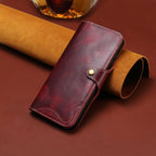 Denior B01 Oil Wax Cowhide Magnetic Button Genuine Leather Case, For iPhone 16
