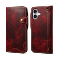 Denior B01 Oil Wax Cowhide Magnetic Button Genuine Leather Case, For iPhone 16 For iPhone 16 Red