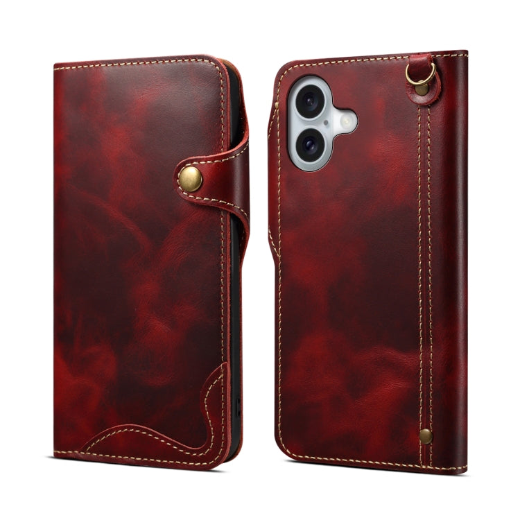 Denior B01 Oil Wax Cowhide Magnetic Button Genuine Leather Case, For iPhone 16 For iPhone 16 Red