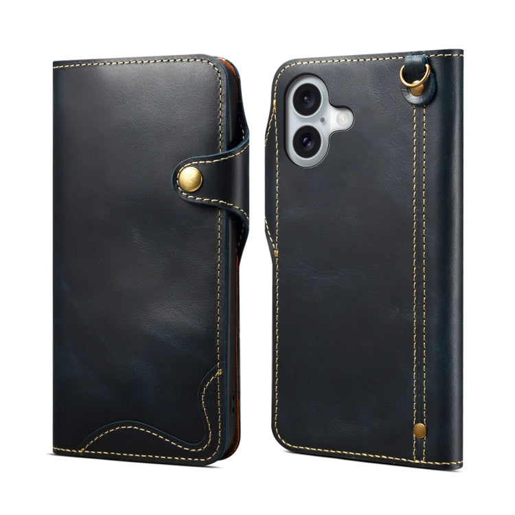 Denior B01 Oil Wax Cowhide Magnetic Button Genuine Leather Case – Magnetic, Card Slot, Leather, For iPhone 16 For iPhone 16 Blue