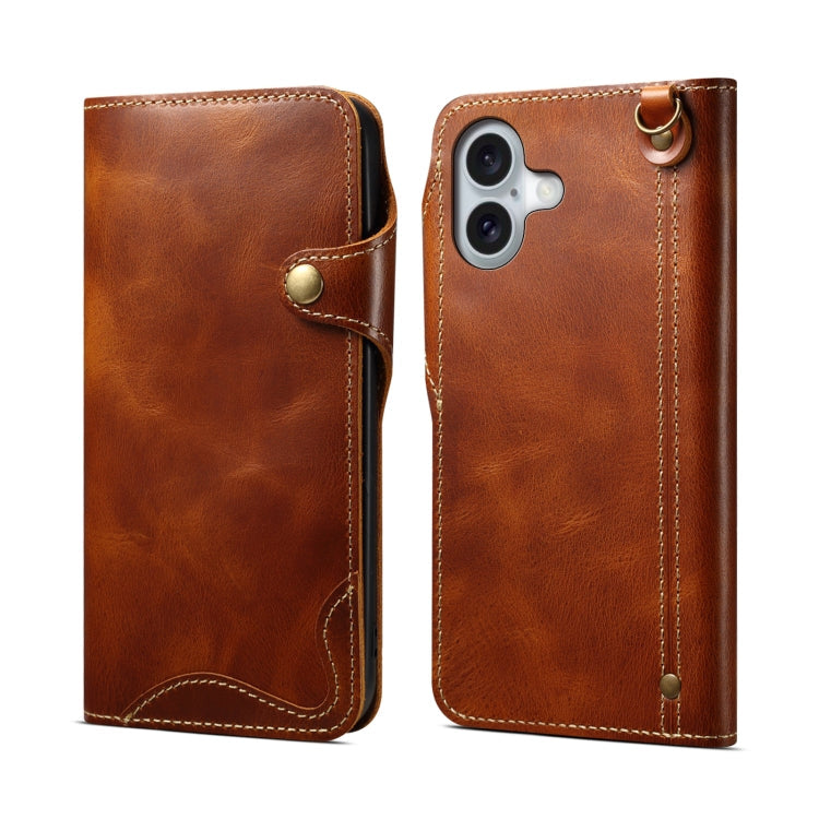 Denior B01 Oil Wax Cowhide Magnetic Button Genuine Leather Case – Magnetic, Card Slot, Leather, For iPhone 17e / 16e, For iPhone 16 Pro Max, For iPhone 16 Pro, For iPhone 16 Plus For iPhone 16 Plus Brown