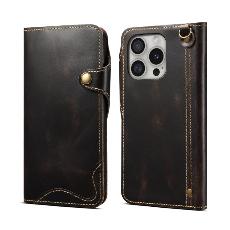 Denior B01 Oil Wax Cowhide Magnetic Button Genuine Leather Case – Magnetic, Card Slot, Leather, For iPhone 17e / 16e, For iPhone 16 Pro Max, For iPhone 16 Pro, For iPhone 16 Plus For iPhone 16 Pro Black