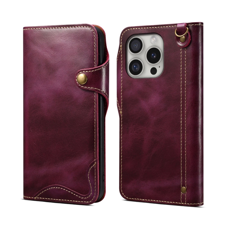 Denior B01 Oil Wax Cowhide Magnetic Button Genuine Leather Case – Magnetic, Card Slot, Leather, For iPhone 17e / 16e, For iPhone 16 Pro Max, For iPhone 16 Pro, For iPhone 16 Plus For iPhone 16 Pro Purple