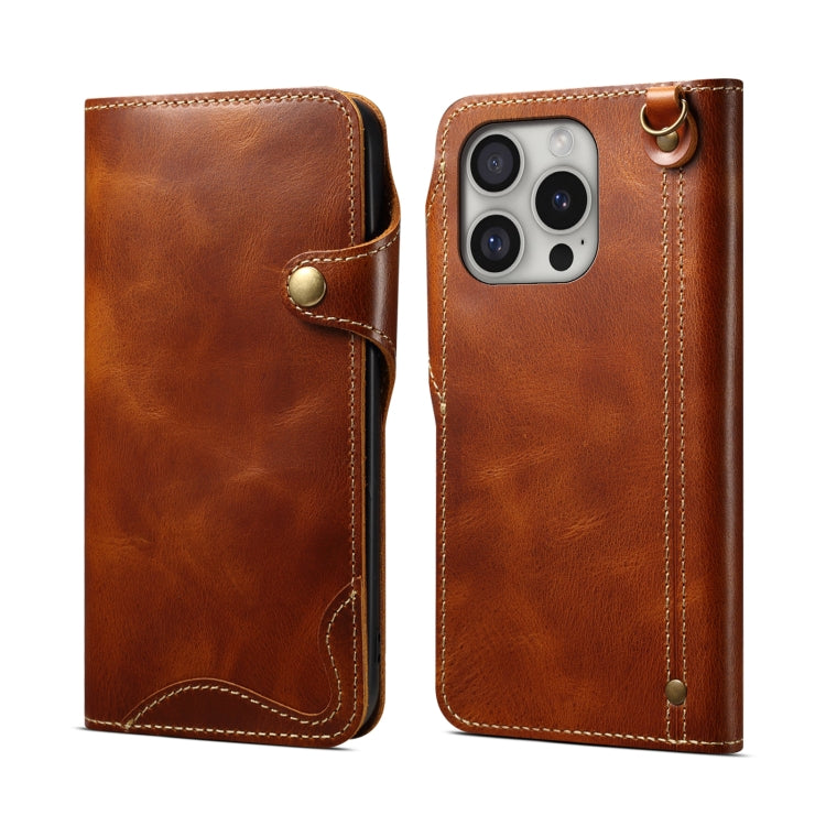 Denior B01 Oil Wax Cowhide Magnetic Button Genuine Leather Case – Magnetic, Card Slot, Leather, For iPhone 17e / 16e, For iPhone 16 Pro Max, For iPhone 16 Pro, For iPhone 16 Plus For iPhone 16 Pro Brown