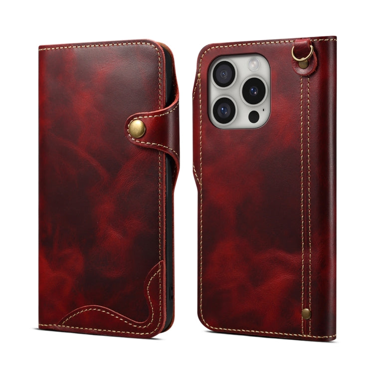 Denior B01 Oil Wax Cowhide Magnetic Button Genuine Leather Case – Magnetic, Card Slot, Leather, For iPhone 17e / 16e, For iPhone 16 Pro Max, For iPhone 16 Pro, For iPhone 16 Plus For iPhone 16 Pro Max Red