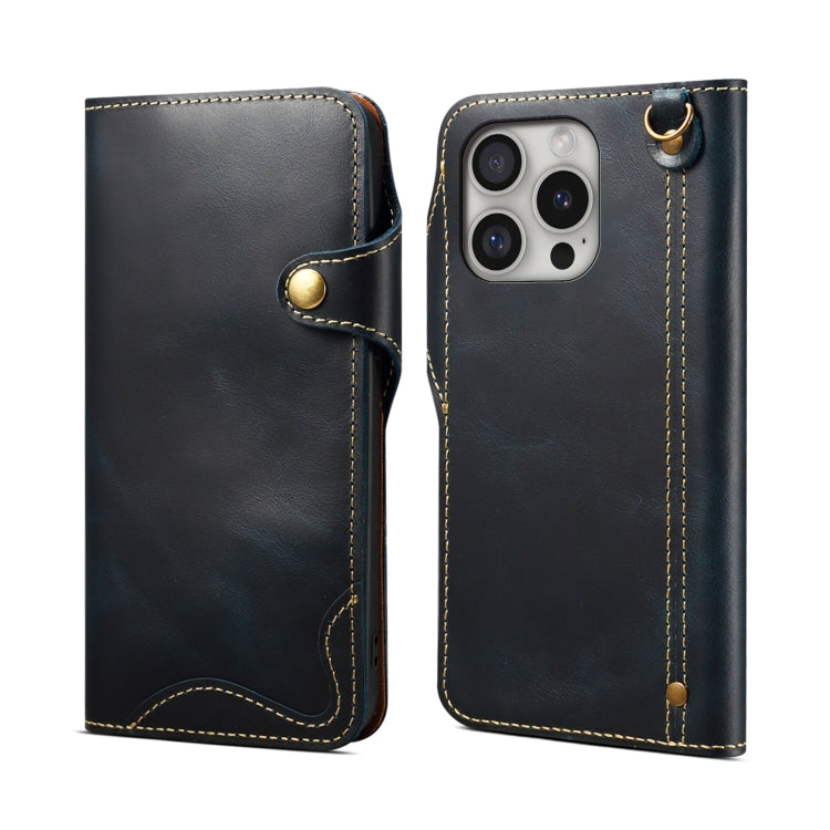 Denior B01 Oil Wax Cowhide Magnetic Button Genuine Leather Case – Magnetic, Card Slot, Leather, For iPhone 17e / 16e, For iPhone 16 Pro Max, For iPhone 16 Pro, For iPhone 16 Plus For iPhone 16 Pro Max Blue