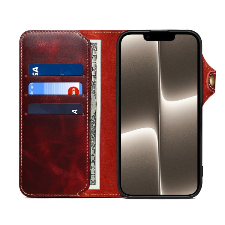 Denior B01 Oil Wax Cowhide Magnetic Button Genuine Leather Case, For iPhone 17e / 16e, For iPhone 16 Pro Max, For iPhone 16 Pro, For iPhone 16 Plus