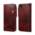 Denior B01 Oil Wax Cowhide Magnetic Button Genuine Leather Case, For iPhone 17e / 16e, For iPhone 16 Pro Max, For iPhone 16 Pro, For iPhone 16 Plus For iPhone 17e 16e Red
