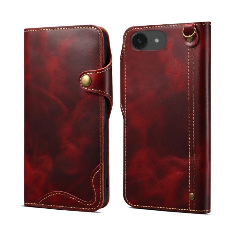 Denior B01 Oil Wax Cowhide Magnetic Button Genuine Leather Case, For iPhone 17e / 16e, For iPhone 16 Pro Max, For iPhone 16 Pro, For iPhone 16 Plus For iPhone 17e 16e Red