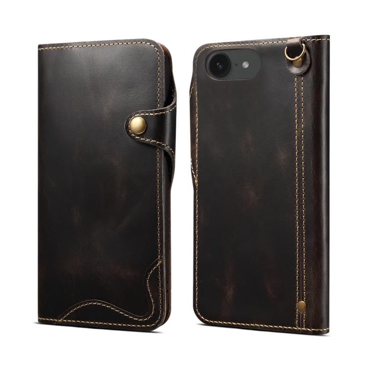 Denior B01 Oil Wax Cowhide Magnetic Button Genuine Leather Case – Magnetic, Card Slot, Leather, For iPhone 17e / 16e, For iPhone 16 Pro Max, For iPhone 16 Pro, For iPhone 16 Plus For iPhone 17e 16e Black