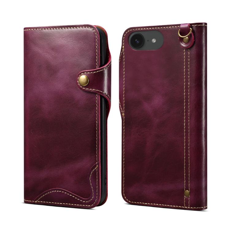 Denior B01 Oil Wax Cowhide Magnetic Button Genuine Leather Case – Magnetic, Card Slot, Leather, For iPhone 17e / 16e, For iPhone 16 Pro Max, For iPhone 16 Pro, For iPhone 16 Plus For iPhone 17e 16e Purple