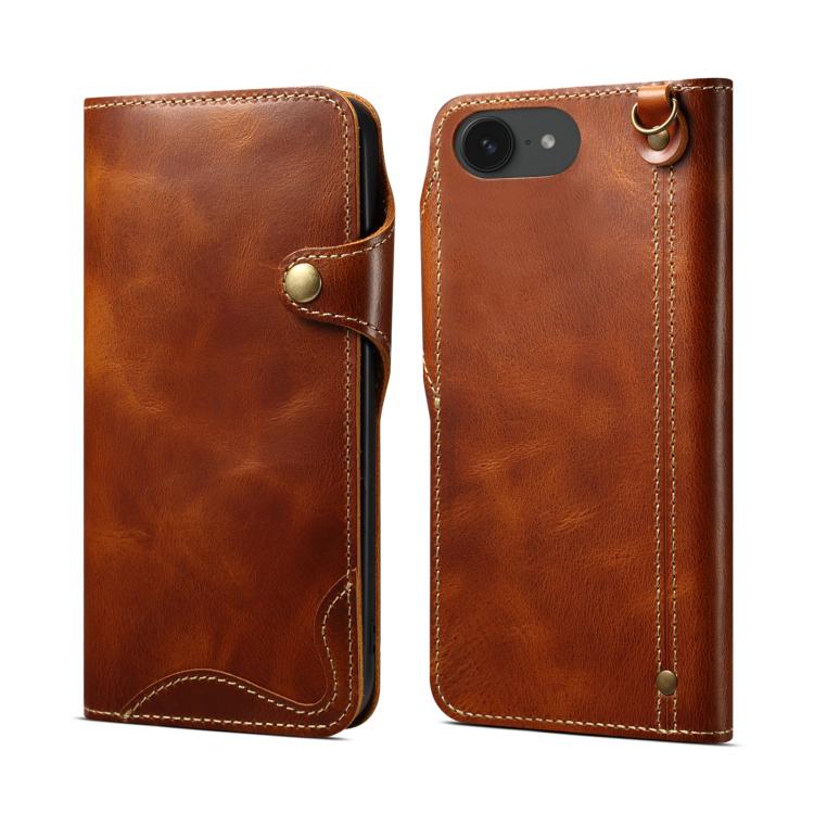 Denior B01 Oil Wax Cowhide Magnetic Button Genuine Leather Case – Magnetic, Card Slot, Leather, For iPhone 17e / 16e, For iPhone 16 Pro Max, For iPhone 16 Pro, For iPhone 16 Plus For iPhone 17e 16e Brown