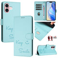 Smile Embossing RFID Leather Phone Case, For iPhone 16, For iPhone 15 Pro Max, For iPhone 15 Pro, For iPhone 15 Plus For iPhone 16 Mint Green