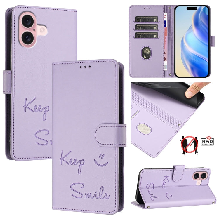 Smile Embossing RFID Leather Phone Case – Lanyard, Card Slot, Kickstand, For iPhone 16, For iPhone 15 Pro Max, For iPhone 15 Pro, For iPhone 15 Plus For iPhone 16 Light Purple