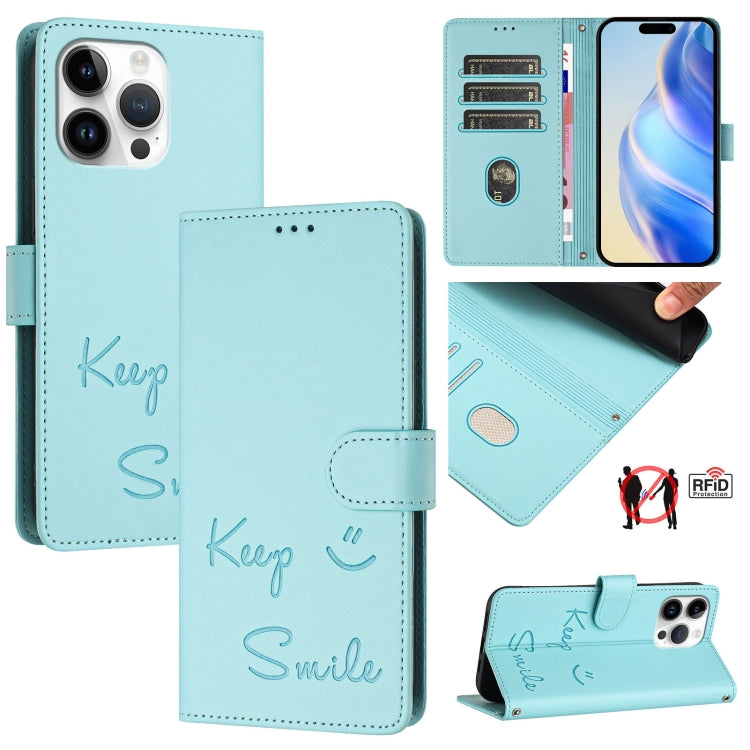 Smile Embossing RFID Leather Phone Case – Lanyard, Card Slot, Kickstand, For iPhone 16, For iPhone 15 Pro Max, For iPhone 15 Pro, For iPhone 15 Plus For iPhone 15 Pro Max Mint Green