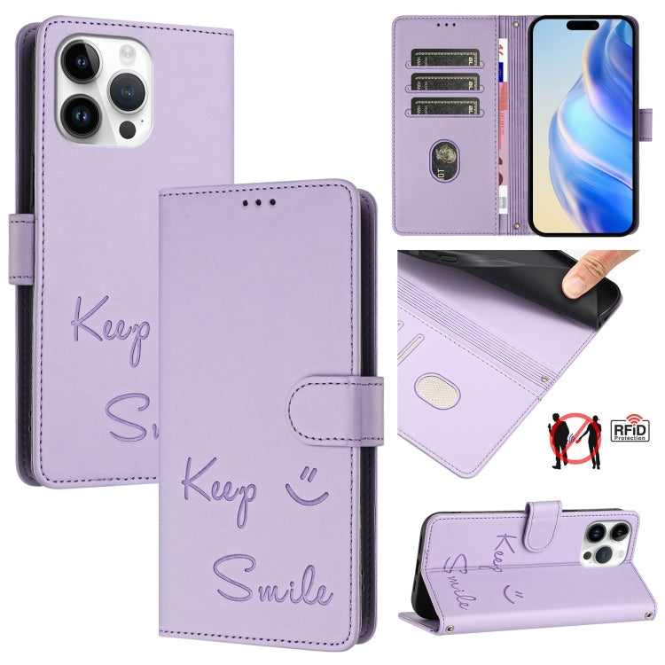 Smile Embossing RFID Leather Phone Case – Lanyard, Card Slot, Kickstand, For iPhone 16, For iPhone 15 Pro Max, For iPhone 15 Pro, For iPhone 15 Plus For iPhone 15 Pro Max Light Purple