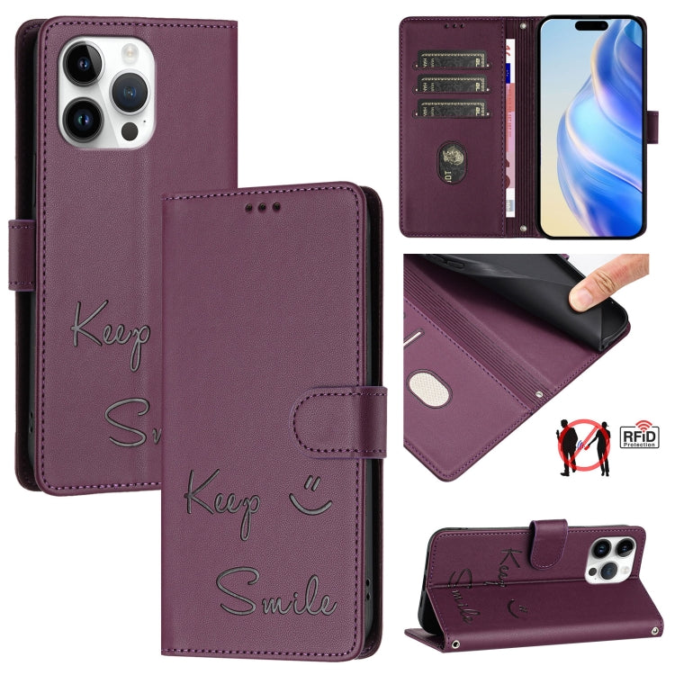 Smile Embossing RFID Leather Phone Case – Lanyard, Card Slot, Kickstand, For iPhone 16, For iPhone 15 Pro Max, For iPhone 15 Pro, For iPhone 15 Plus For iPhone 15 Pro Max Violet