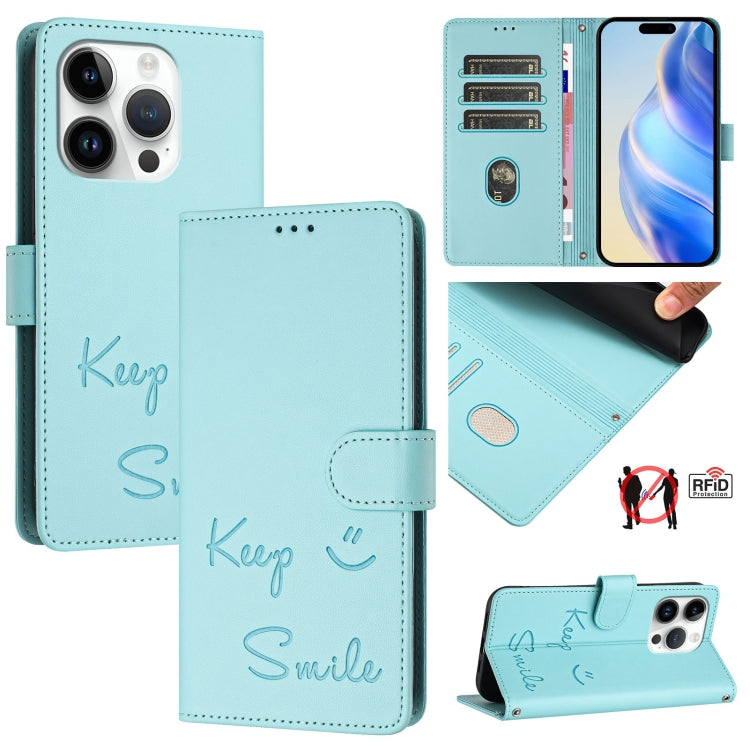 Smile Embossing RFID Leather Phone Case – Lanyard, Card Slot, Kickstand, For iPhone 16, For iPhone 15 Pro Max, For iPhone 15 Pro, For iPhone 15 Plus For iPhone 15 Pro Mint Green