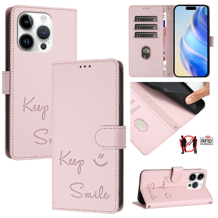 Smile Embossing RFID Leather Phone Case – Lanyard, Card Slot, Kickstand, For iPhone 16, For iPhone 15 Pro Max, For iPhone 15 Pro, For iPhone 15 Plus For iPhone 15 Pro Pink