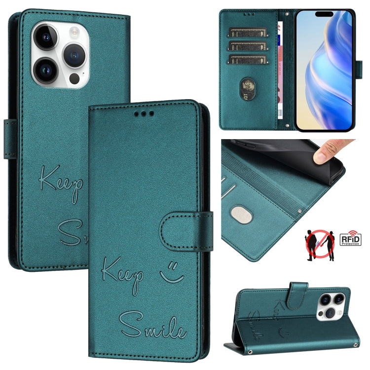 Smile Embossing RFID Leather Phone Case – Lanyard, Card Slot, Kickstand, For iPhone 16, For iPhone 15 Pro Max, For iPhone 15 Pro, For iPhone 15 Plus For iPhone 15 Pro Peacock Green