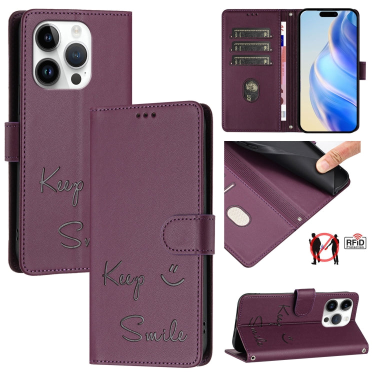 Smile Embossing RFID Leather Phone Case – Lanyard, Card Slot, Kickstand, For iPhone 16, For iPhone 15 Pro Max, For iPhone 15 Pro, For iPhone 15 Plus For iPhone 15 Pro Violet
