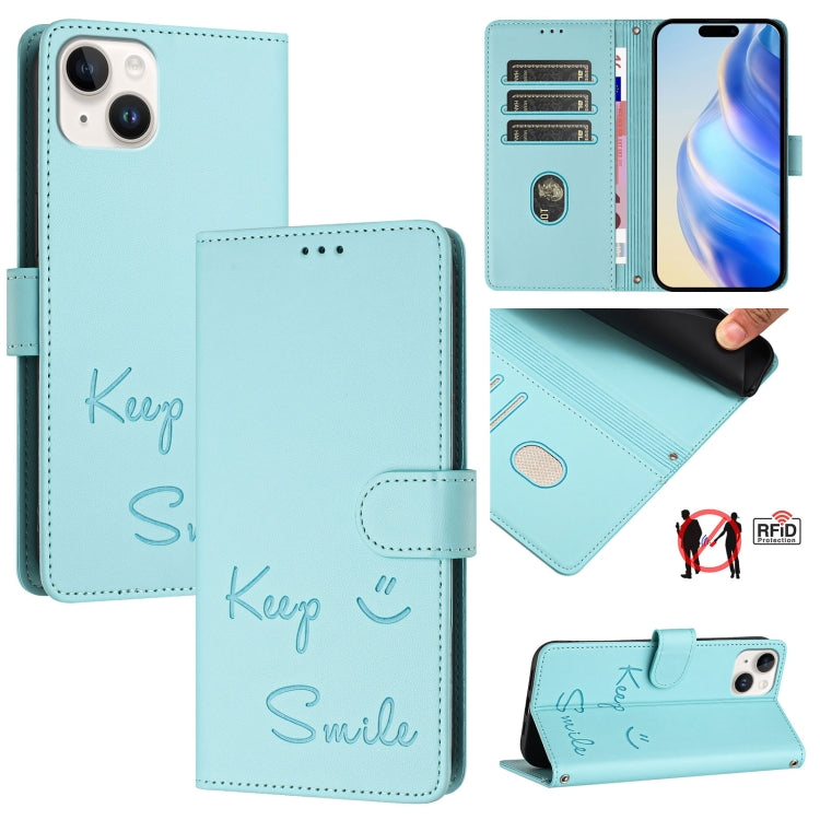 Smile Embossing RFID Leather Phone Case – Lanyard, Card Slot, Kickstand, For iPhone 16, For iPhone 15 Pro Max, For iPhone 15 Pro, For iPhone 15 Plus For iPhone 15 Plus Mint Green