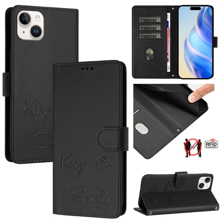 Smile Embossing RFID Leather Phone Case – Lanyard, Card Slot, Kickstand, For iPhone 16, For iPhone 15 Pro Max, For iPhone 15 Pro, For iPhone 15 Plus For iPhone 15 Plus Black