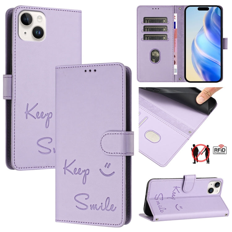 Smile Embossing RFID Leather Phone Case – Lanyard, Card Slot, Kickstand, For iPhone 16, For iPhone 15 Pro Max, For iPhone 15 Pro, For iPhone 15 Plus For iPhone 15 Plus Light Purple