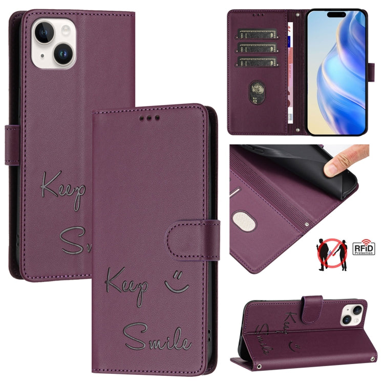 Smile Embossing RFID Leather Phone Case – Lanyard, Card Slot, Kickstand, For iPhone 16, For iPhone 15 Pro Max, For iPhone 15 Pro, For iPhone 15 Plus For iPhone 15 Plus Violet