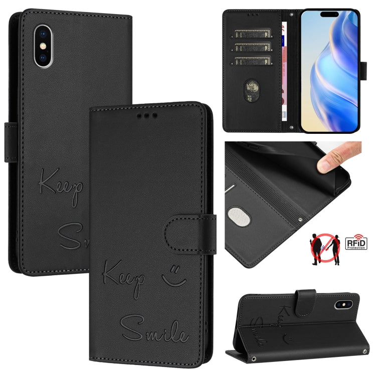Smile Embossing RFID Leather Phone Case – Lanyard, Card Slot, Kickstand, For iPhone X / XS, For iPhone XR, For iPhone XS Max, For iPhone 8 Plus / 7 Plus For iPhone X XS Black