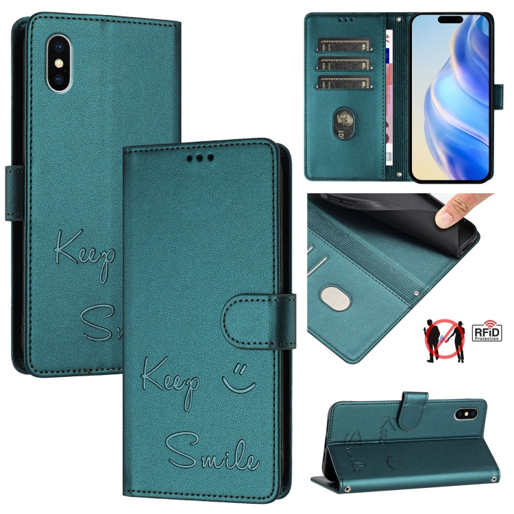 Smile Embossing RFID Leather Phone Case – Lanyard, Card Slot, Kickstand, For iPhone X / XS, For iPhone XR, For iPhone XS Max, For iPhone 8 Plus / 7 Plus For iPhone X XS Peacock Green